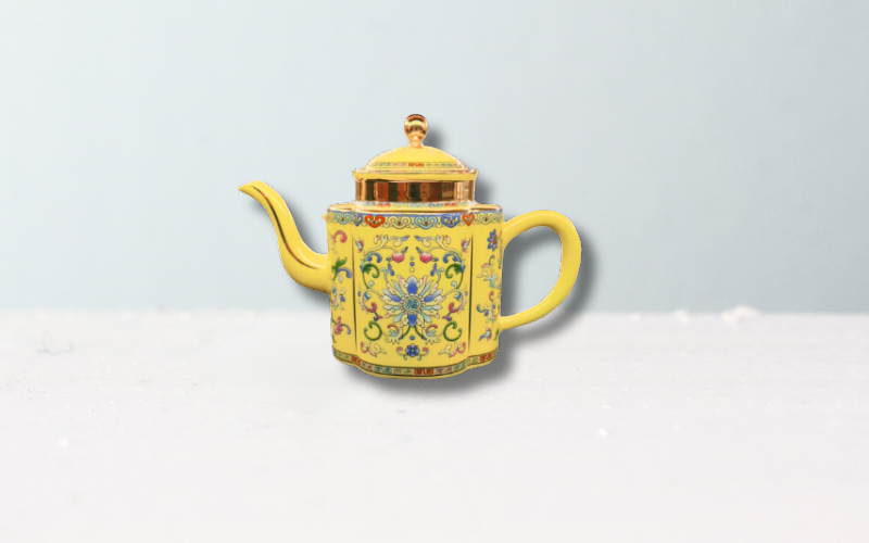 Yellow Enamel Floral Hexagonal Teapot