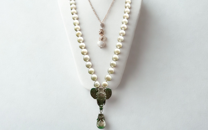 Long Pearl Necklace with Elephant Pendant
